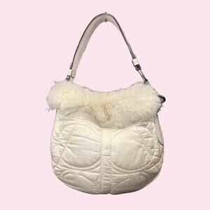 Coach Ski Bunny Vintage Quilted White Nylon Hobo Shoulder Bag Rabbit Fur Trim